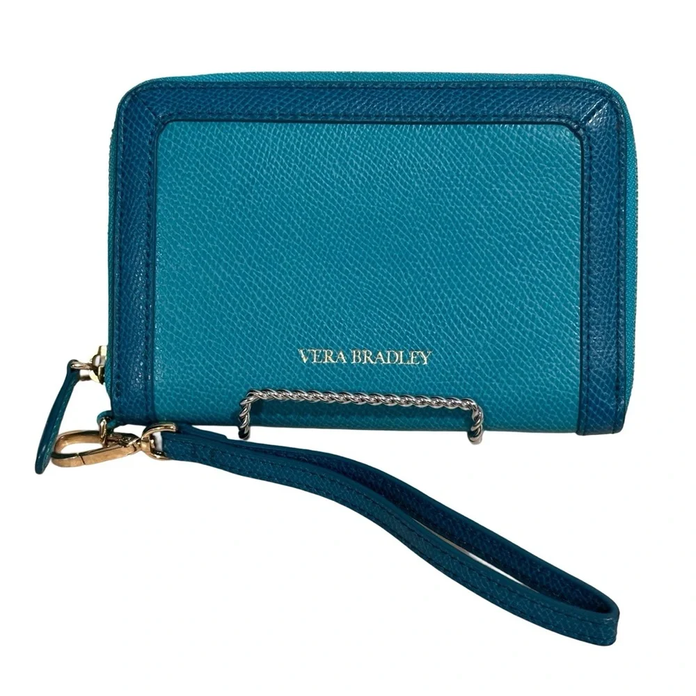 Vera Bradley Leather Two-Tone Teal Wristlet Wallet with Removable Strap Like New - Picture 6 of 12